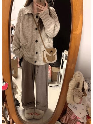 2025新款韩系慵懒风高领开衫女100%山羊绒毛衣外套宽松加厚针织衫