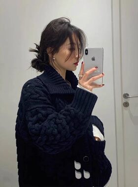 粗麻花羊绒毛衣女2025新款针织开衫女重工加厚羊绒衫翻领复古外套