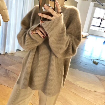 慵懒新款圆领套头两侧开叉羊绒衫