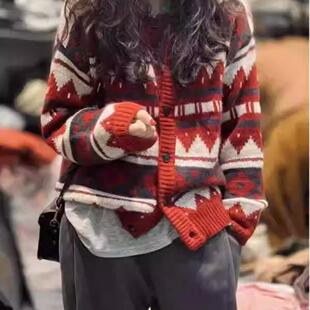 时尚山羊绒开衫女提花复古25秋冬新款圆领花色加厚针织毛衣外套