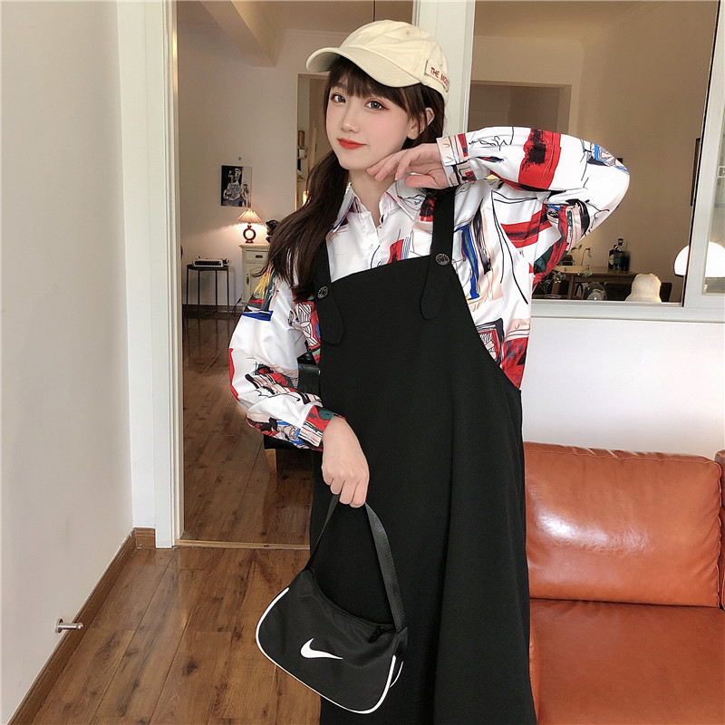 Real shot spring long sleeve shirt + belt skirt 2-piece suit women's medium length fashionable foreign style thin dress