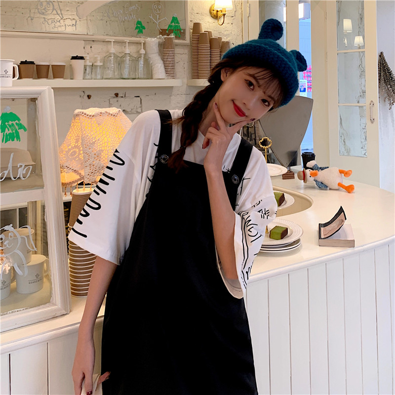 Real photo Shirt Short Sleeve T + strap skirt two pieces suit women's medium length fashion style slim dress