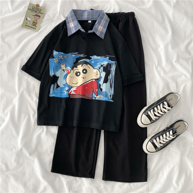 Real shot summer plus plus size women's dress fat sister slim Capris short sleeve two piece suit