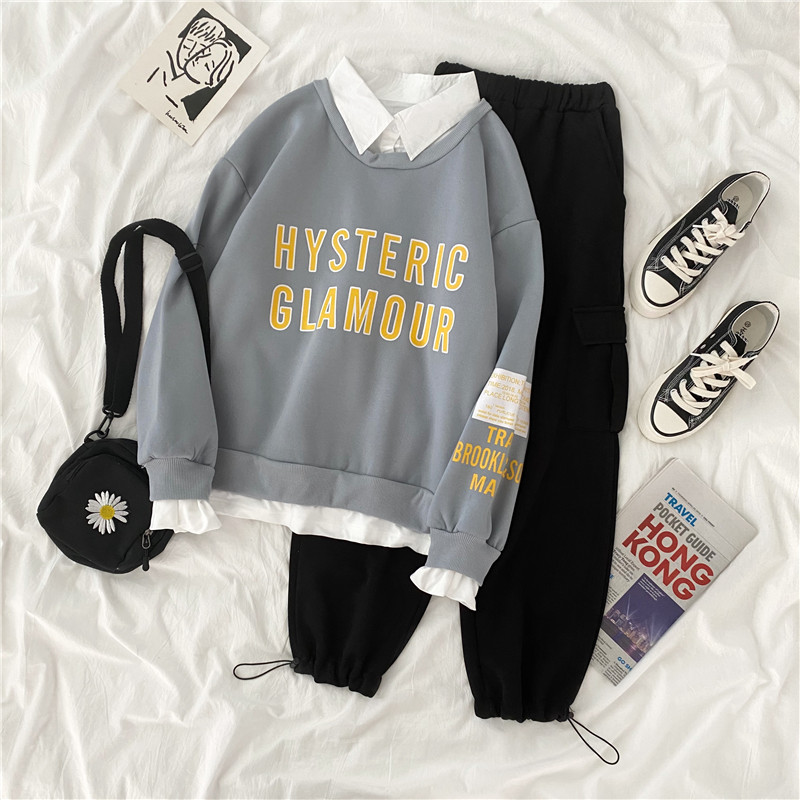 Real shot ~ autumn and winter clothing plush thickening Korean loose Plush thickening two piece student suit