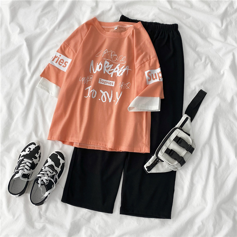 2021 real shot summer fattening plus size women's fat mm fat sister slim Capris short sleeve two piece suit