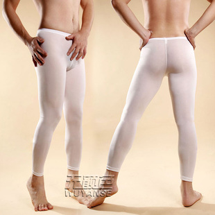 青年透视长裤 高弹丝滑贴身健美裤 紧身超薄冰丝透明小脚裤 男打底裤