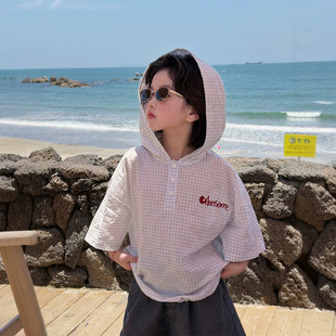 男女童格子连帽短袖T恤夏季中大童韩系薄款刺绣宽松儿童半袖上衣