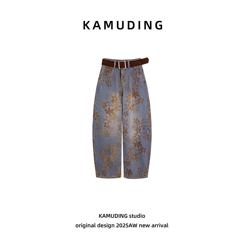 KAMUDING2025新款A提花中高腰镰刀裤女秋冬加绒加厚牛仔裤25557