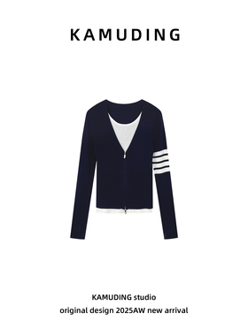 KAMUDING2025新款A47条纹拉链V领修身显瘦长袖毛针织上衣25170