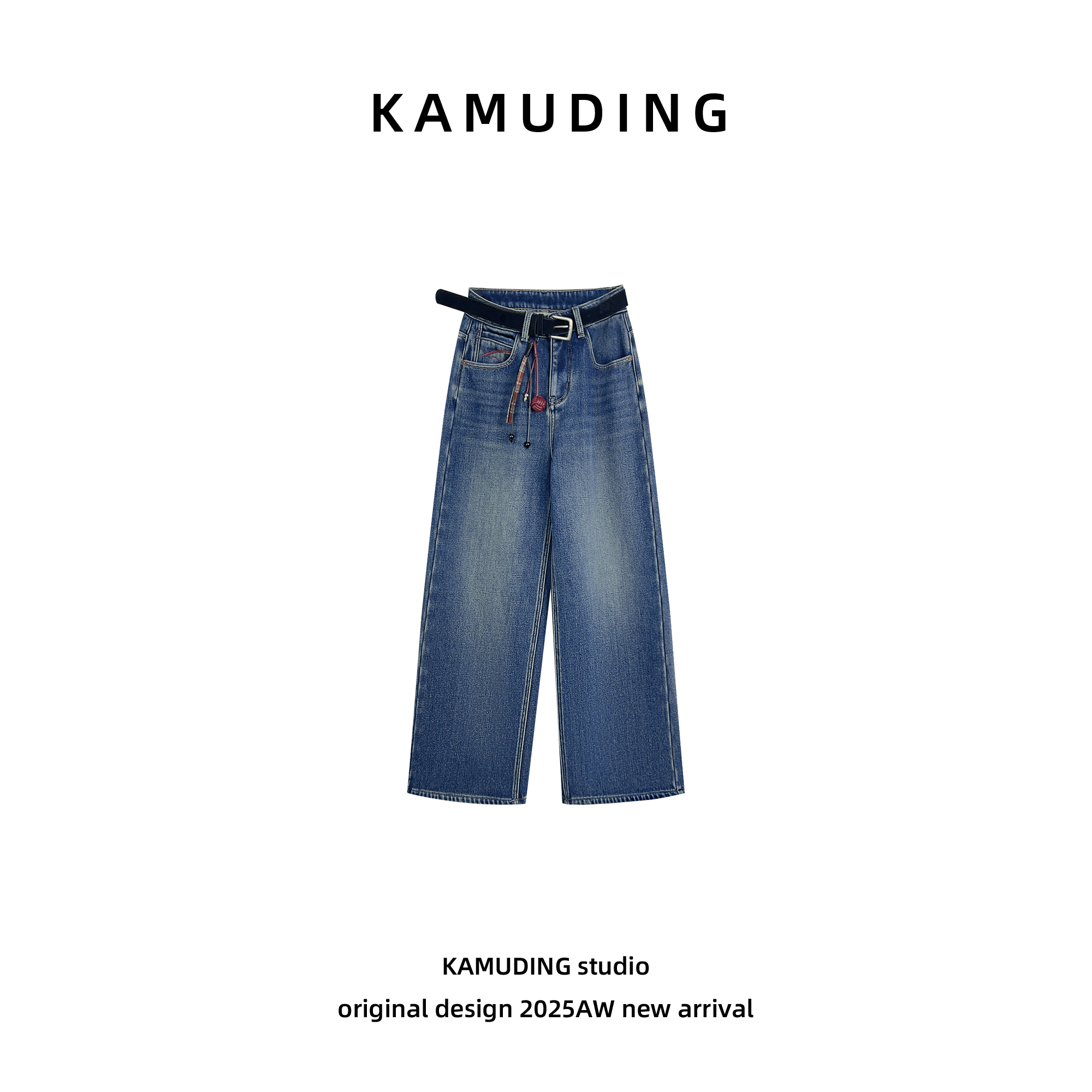 KAMUDING2025新款A高腰显瘦宽松百搭加绒直筒阔腿牛仔裤25537