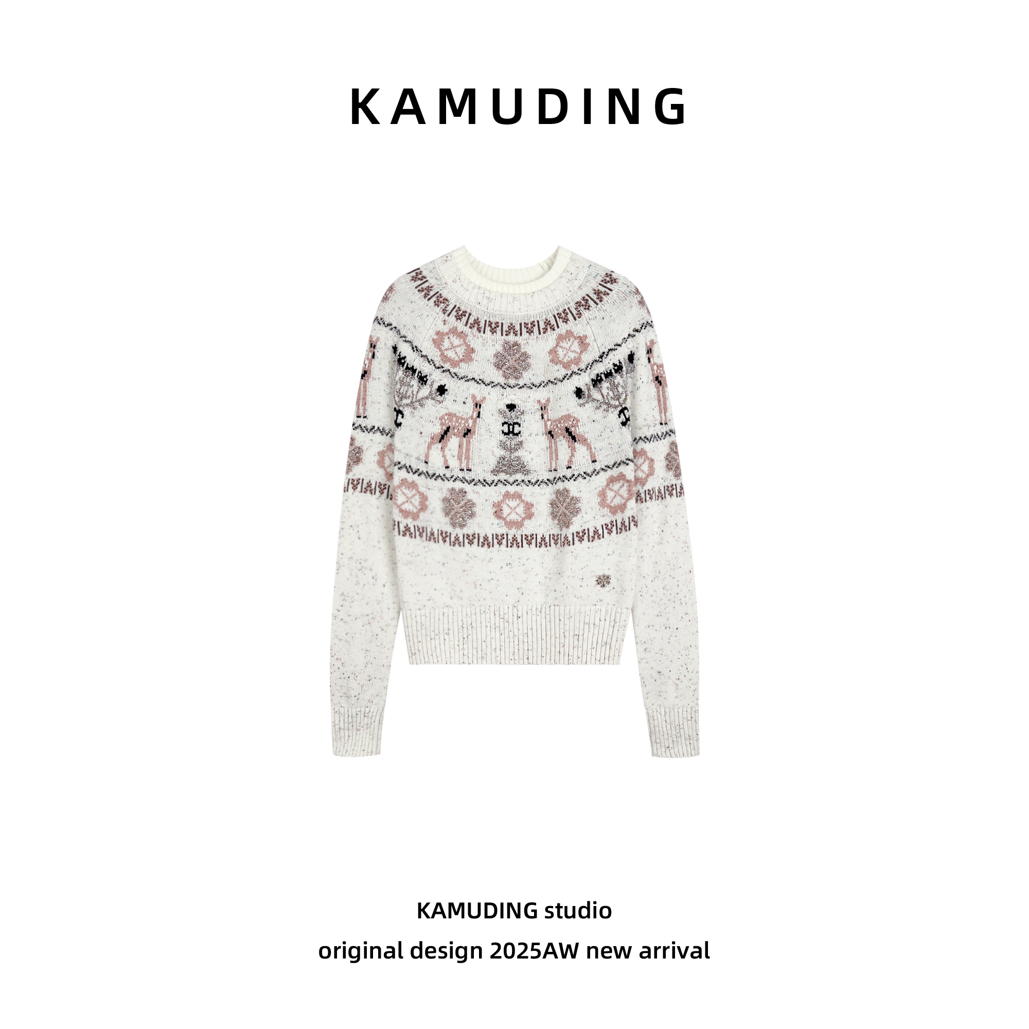KAMUDING2025新款A圆领套头重工提花小鹿刺绣针织衫毛衣25563