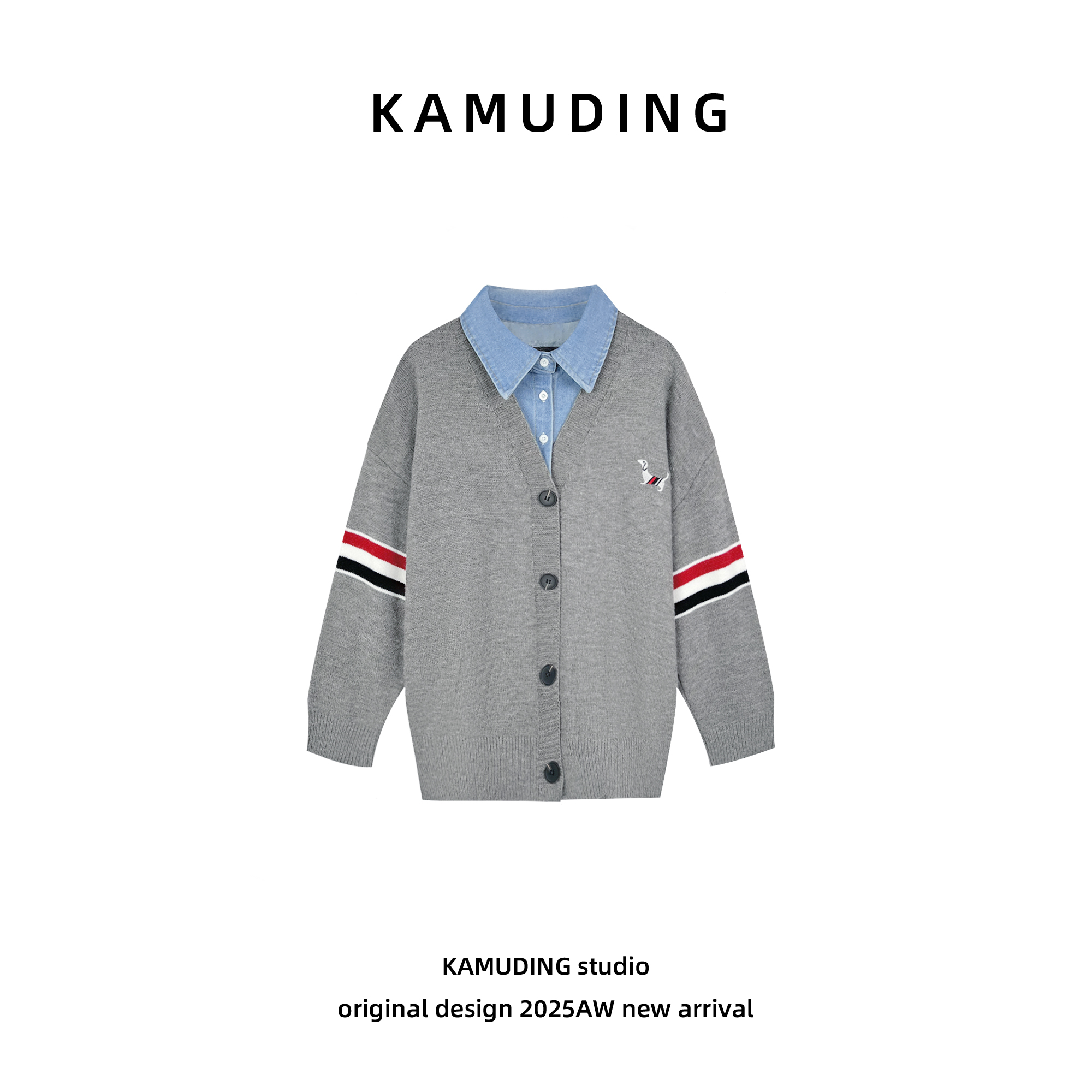 KAMUDING2025新款A57秋冬小狗刺绣牛仔polo领假两件针织开衫25287
