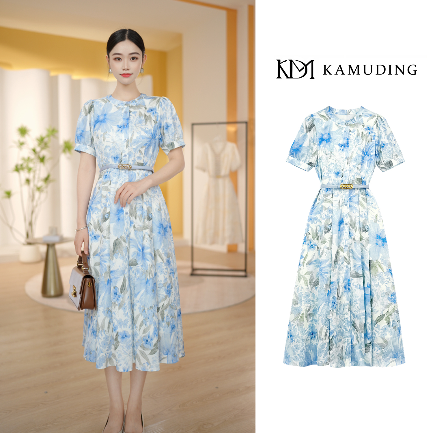KAMUDING2025新款法式清新蓝调花卉印花设计优雅显瘦连衣裙8811