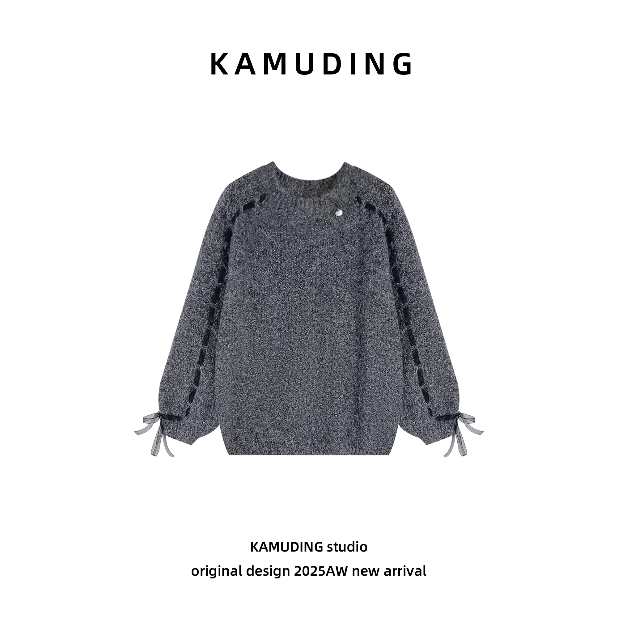 KAMUDING2025新款A设计感圆领绑带针织衫秋冬宽松加厚毛衣25539