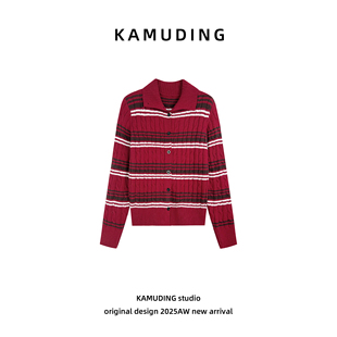 KAMUDING2025新款A22复古条纹针织开衫时尚撞色毛衣外套25593H