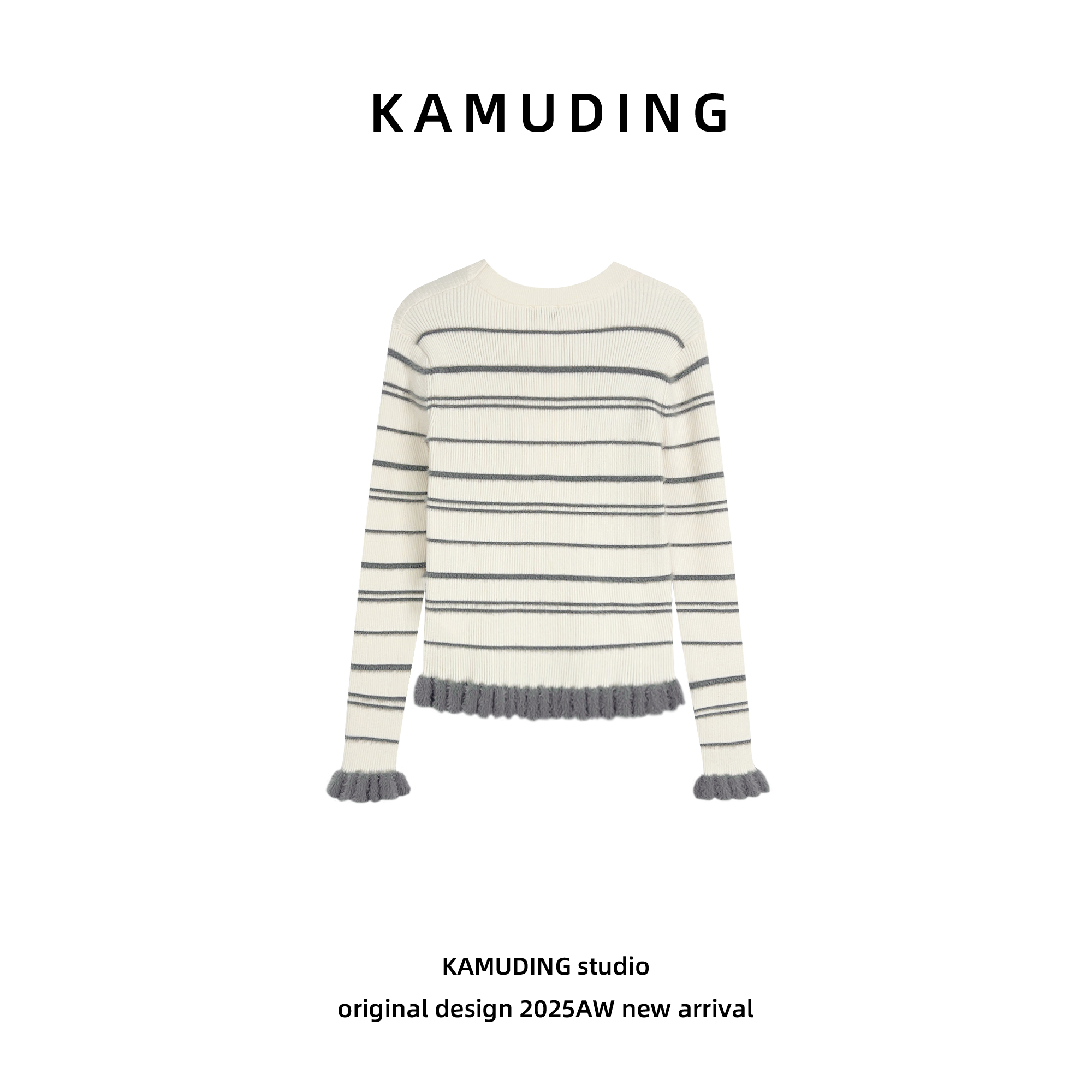 KAMUDING2025新款A木耳边条纹针织打底衫休闲内搭保暖毛衣25556