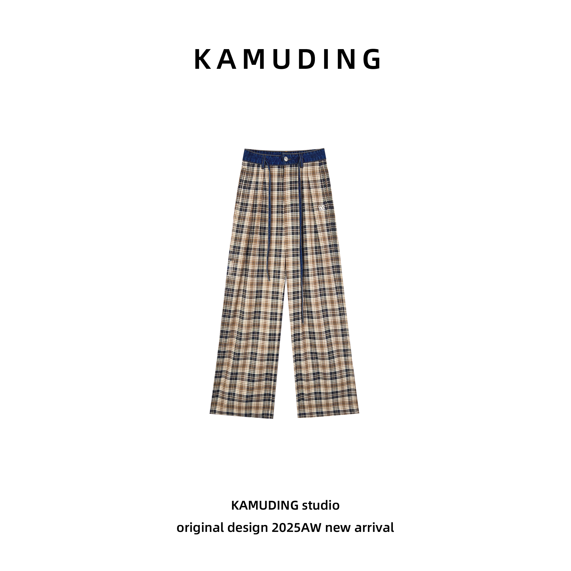 KAMUDING2025新款A59文艺格纹百搭高腰显瘦阔腿直筒裤25272