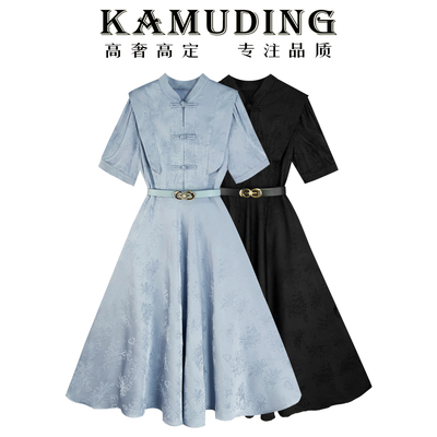 KAMUDING优雅气质A字裙特别设计感法式短袖连衣裙夏长裙8148