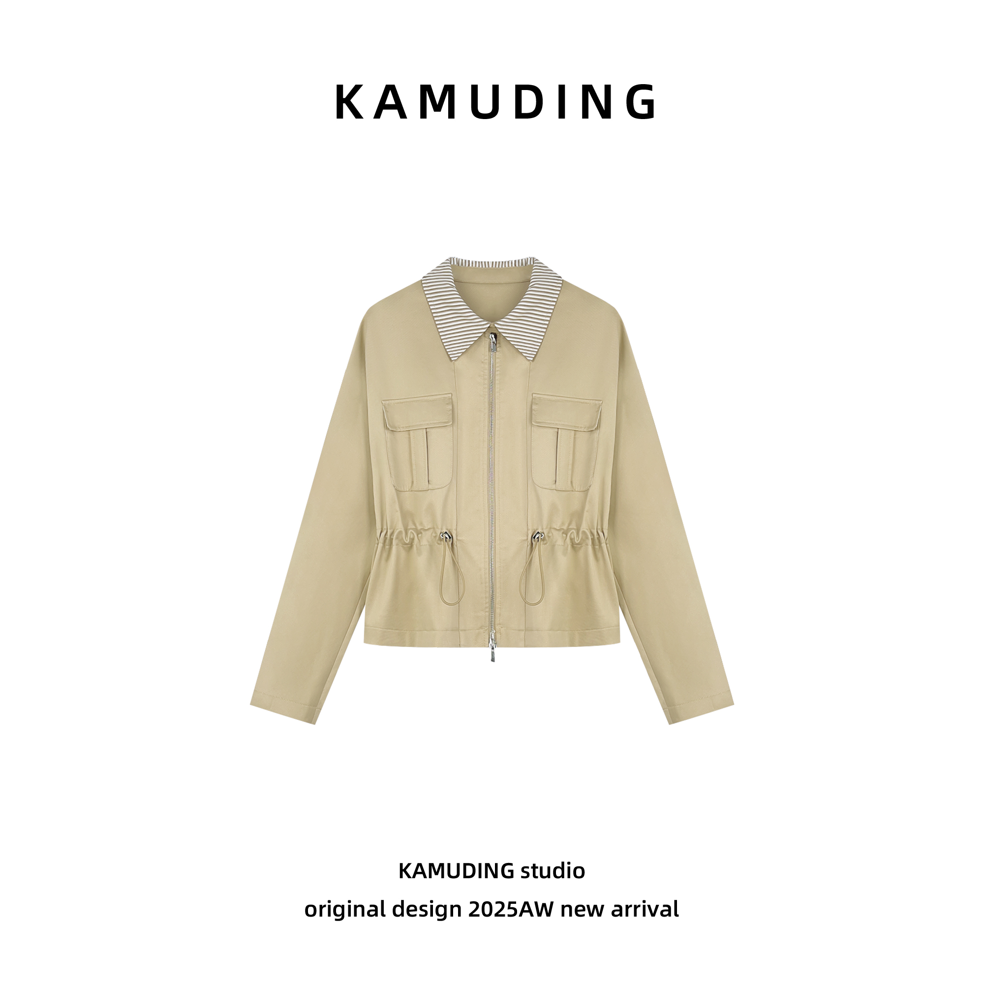 KAMUDING2025新款A60时尚卡其色条纹翻领抽绳收腰设计感风衣25291