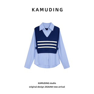 KAMUDING2026新款拼接假两件时尚潮流百搭内搭叠穿衬衫26053H