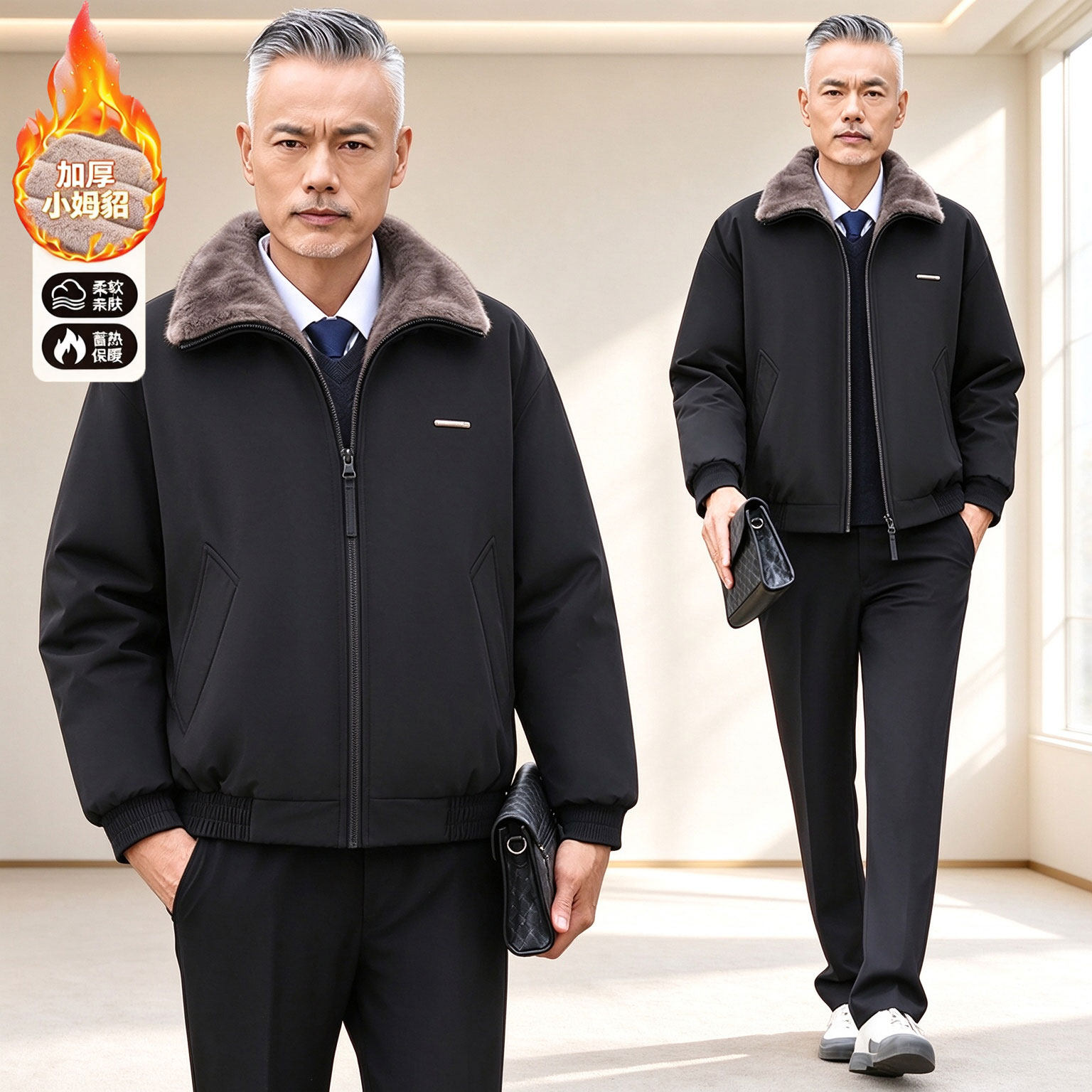 中老年男士加厚毛领运动双面穿外套秋冬季保暖爸爸装宽松休闲夹克