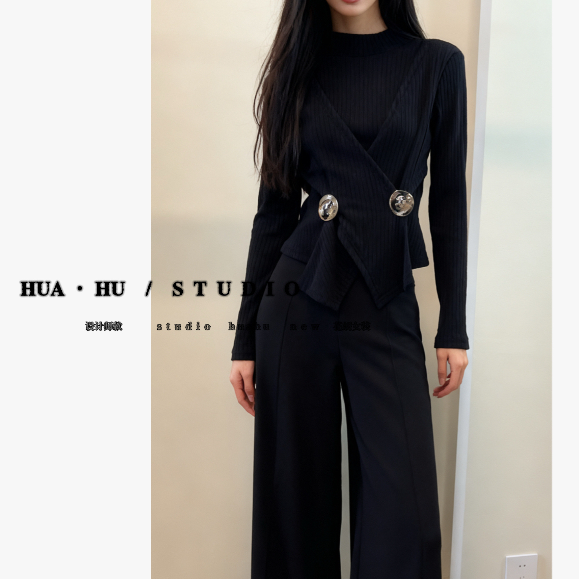 【玛菲雅】 香港撤柜｜高级半领交叉双金扣胸针羊绒假两件套10292