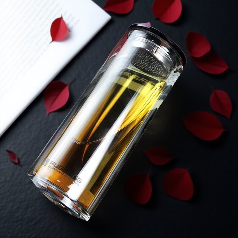 玻璃杯双层G1416-350男女士带盖防漏加厚耐热玻璃茶水杯富光泡茶