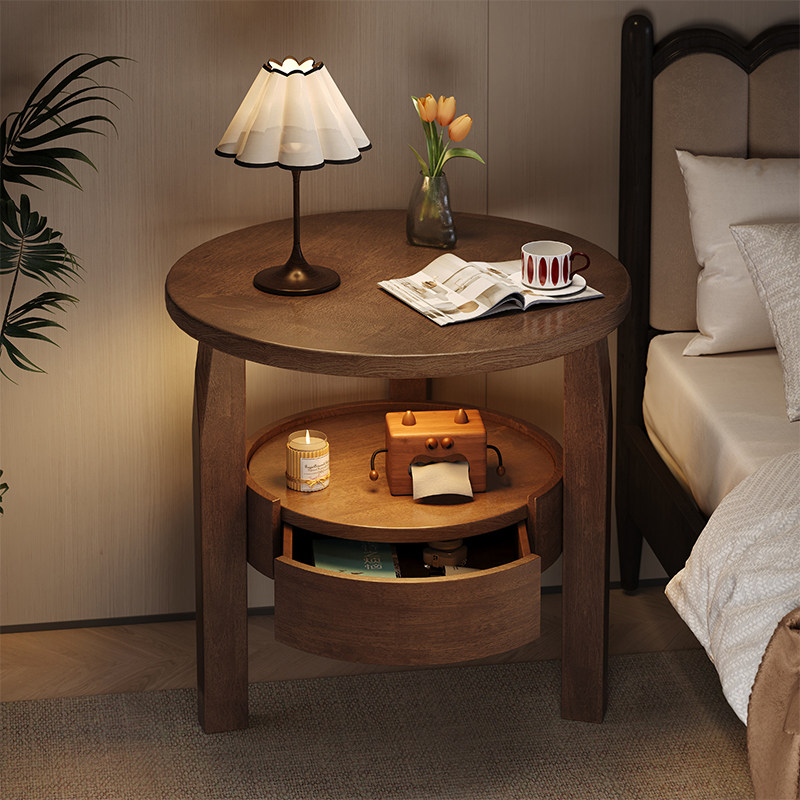 实木圆形床头柜简约现代小边几卧室抽屉置物架小茶几床头柜替代品