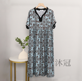 夏季 棉綢長裙 涼感氣質(zhì)睡裙V領(lǐng)慵懶風短袖 人造棉連衣裙女2024新款