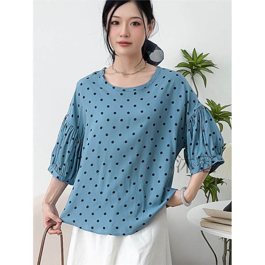 棉绸圆领T恤衫女夏2025韩版七分袖减龄娃娃衫人造棉百搭汗衫上衣