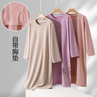 秋冬带胸垫德绒睡裙女连衣裙宽松睡袍中老年妈妈睡衣家居保暖长裙