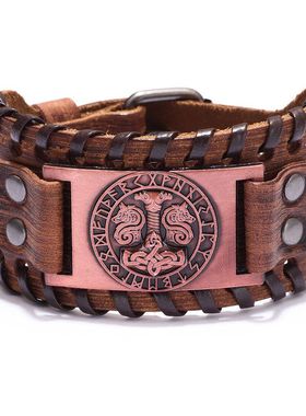 欧美时尚真皮金属弯片手镯北欧神话雷神之锤复古简约牛皮手链