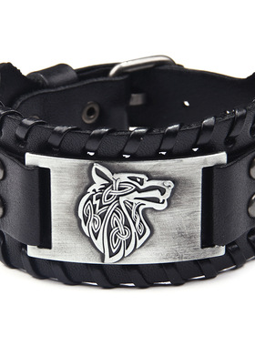 跨境爆款男士合金狼头配件宽皮手链新款编织手环厂家批发牛皮