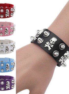欧美时尚朋克哥特式皮质宽手链个性霸气骷髅铆钉街舞手环手镯