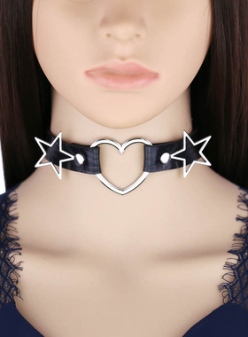 跨境新款原宿软妹黑色PU皮质桃心爱心形项圈女颈带五角星锁骨