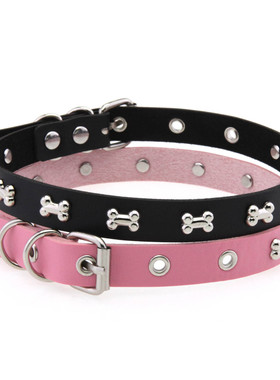 甜酷辣妹皮革骨头choker项链项圈锁骨链小众嘻哈金属铆钉颈链