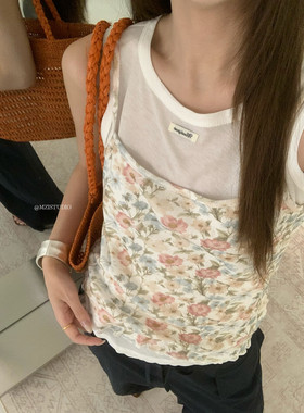 MZI韩系复古碎花吊带无袖背心叠穿撞色两件套装日韩休闲女潮街头
