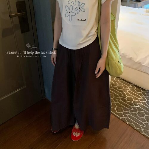 Peanut花生家松紧腰九分裤大阔腿裤日系休闲裤潮松弛氛围感小个子
