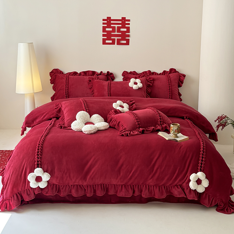 红色结婚用牛奶绒四件套轻奢高级感冬天加厚珊瑚绒被套法兰绒床品