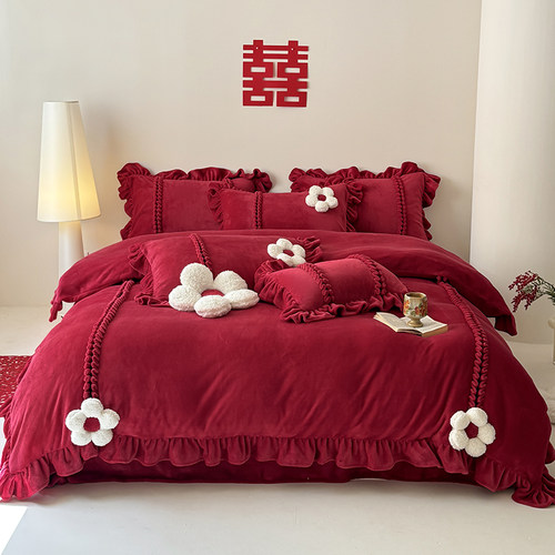 坤花简约风牛奶绒四件套加厚保暖