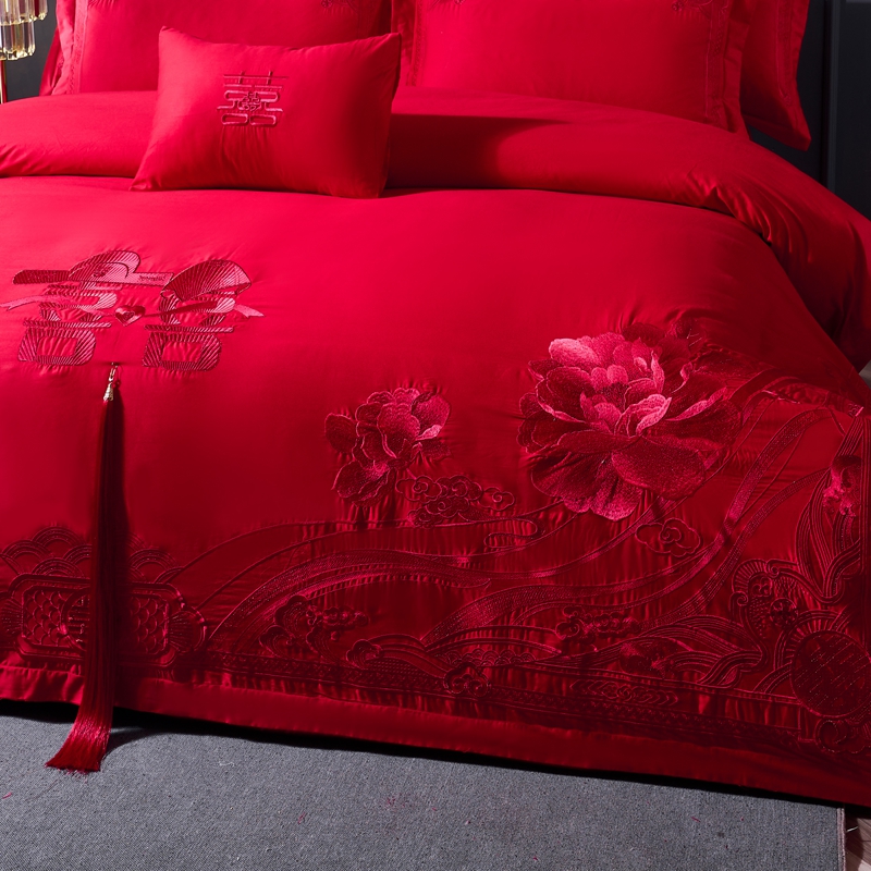 大红色婚庆四件套长绒棉刺绣喜被