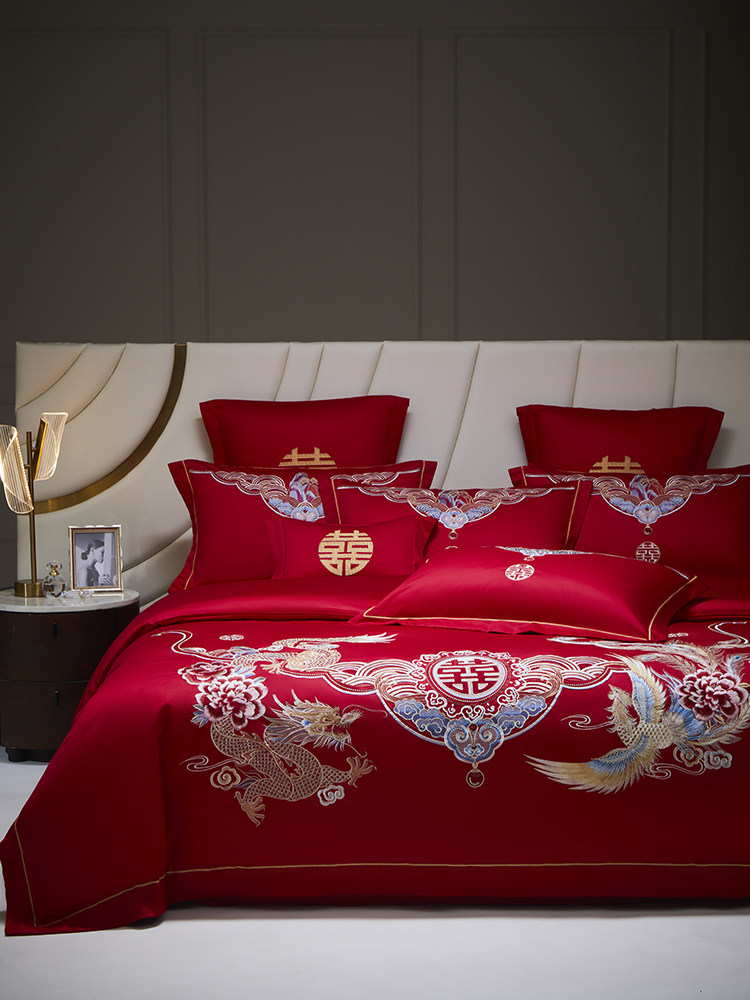 HIGH-END DRAGON AND PHOENIX WEDDING FOUR-PIECE SET 100-COUNT LONG-STAPLE COTTON BIG RED COTTON COTTON WEDDING QUILT BEDDING 4