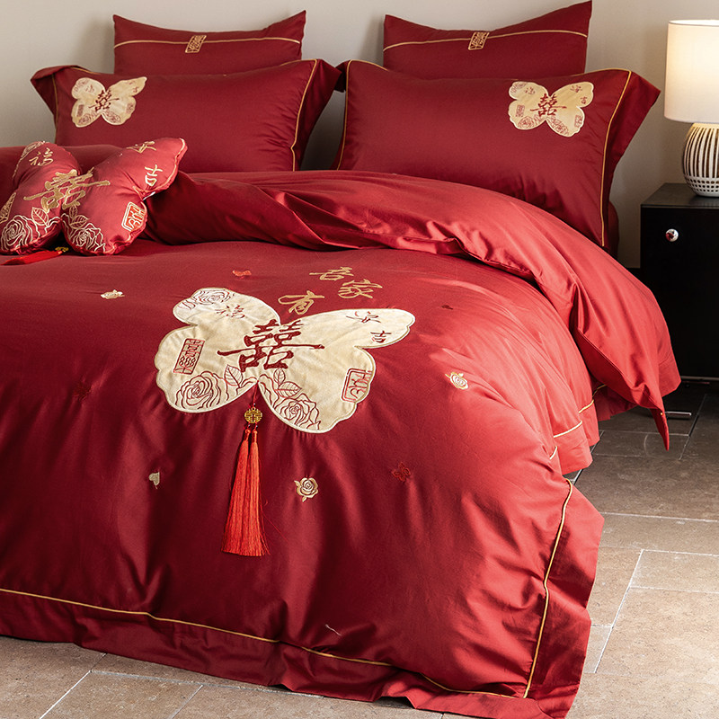 中式流苏婚庆四件套100S长绒棉流苏蝴蝶被套红色纯棉结婚床上用品
