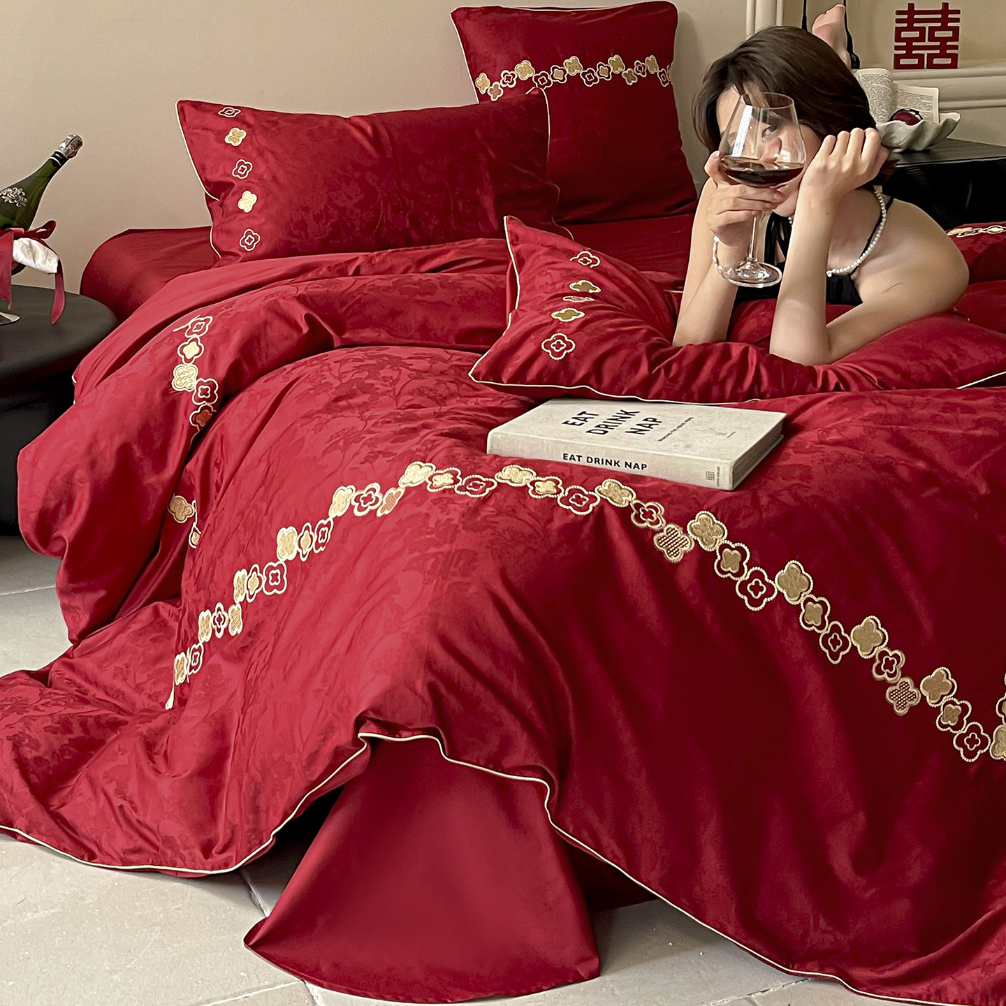坤花家纺轻奢婚庆四件套100S长绒棉纯棉被套红色结婚喜被床单床品,床上用品,婚庆床品套件,淘宝优惠券,粉丝福利购,淘宝优惠卷
