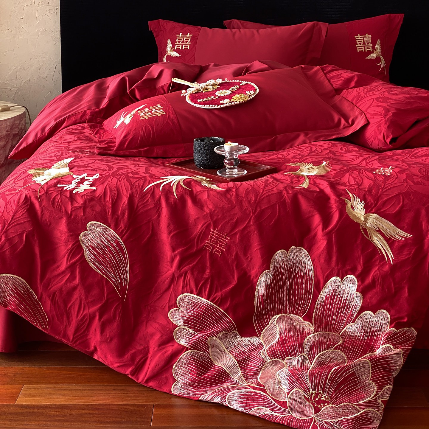 坤花家纺中式婚庆四件套100S长绒棉纯棉喜字被套红色结婚陪嫁床品,床上用品,婚庆床品套件,淘宝优惠券,粉丝福利购,淘宝优惠卷