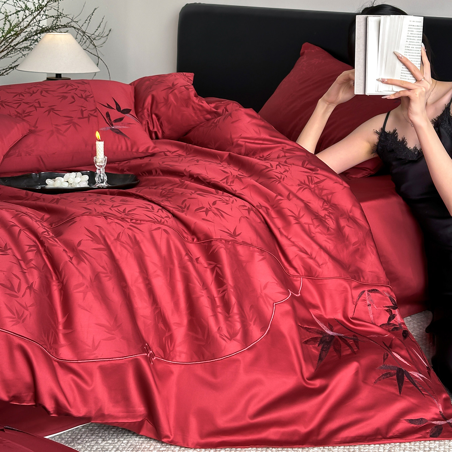 坤花婚嫁婚庆四件套100S长绒棉竹子被套红色纯棉结婚床单床上用品