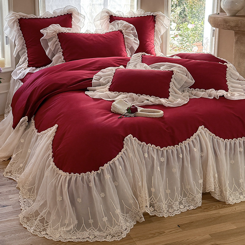 法式公主风婚庆四件套120S长绒棉纯棉刺绣被套大红色结婚床上用品
