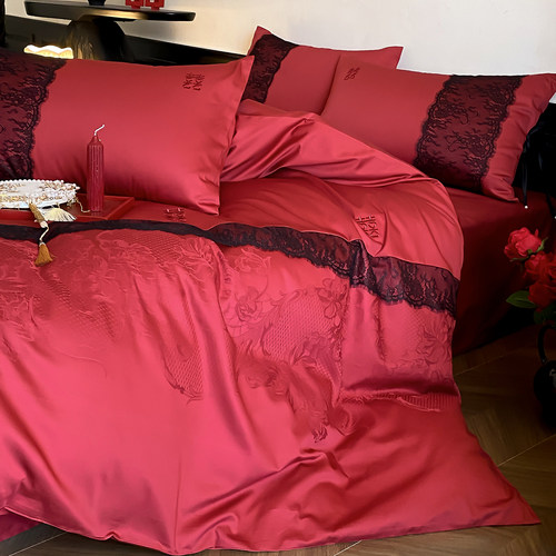 贡缎提花红色婚庆蕾丝刺绣四件套