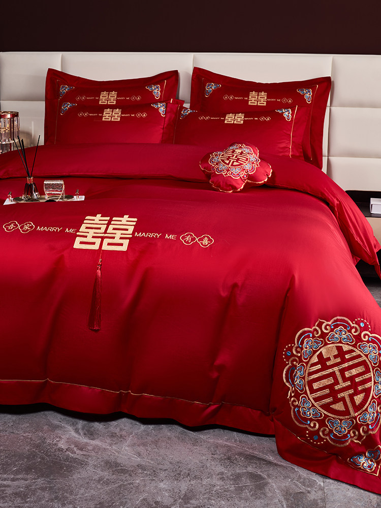 NEW CHINESE STYLE WEDDING FOUR-PIECE SET PURE COTTON BIG RED 100S LONG-STAPLE COTTON EMBROIDERY QUILT COVER WEDDING QUILT BEDDING