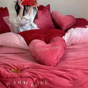 秋冬渐变色牛奶绒婚庆四件套加厚保暖珊瑚绒被套红色结婚床上用品